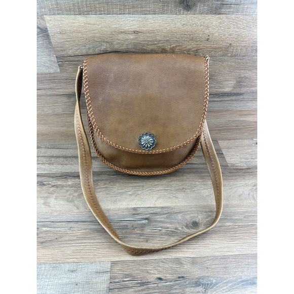 Vintage LEATHER PURSE Latch Saddlebag Braided Shoulder Strap Boho - Picture 1 of 10